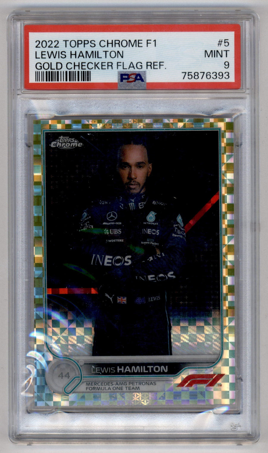 Topps Lewis Hamilton Gold Checker Flag Refractor /50 Chrome F1 2022 #5 PSA9