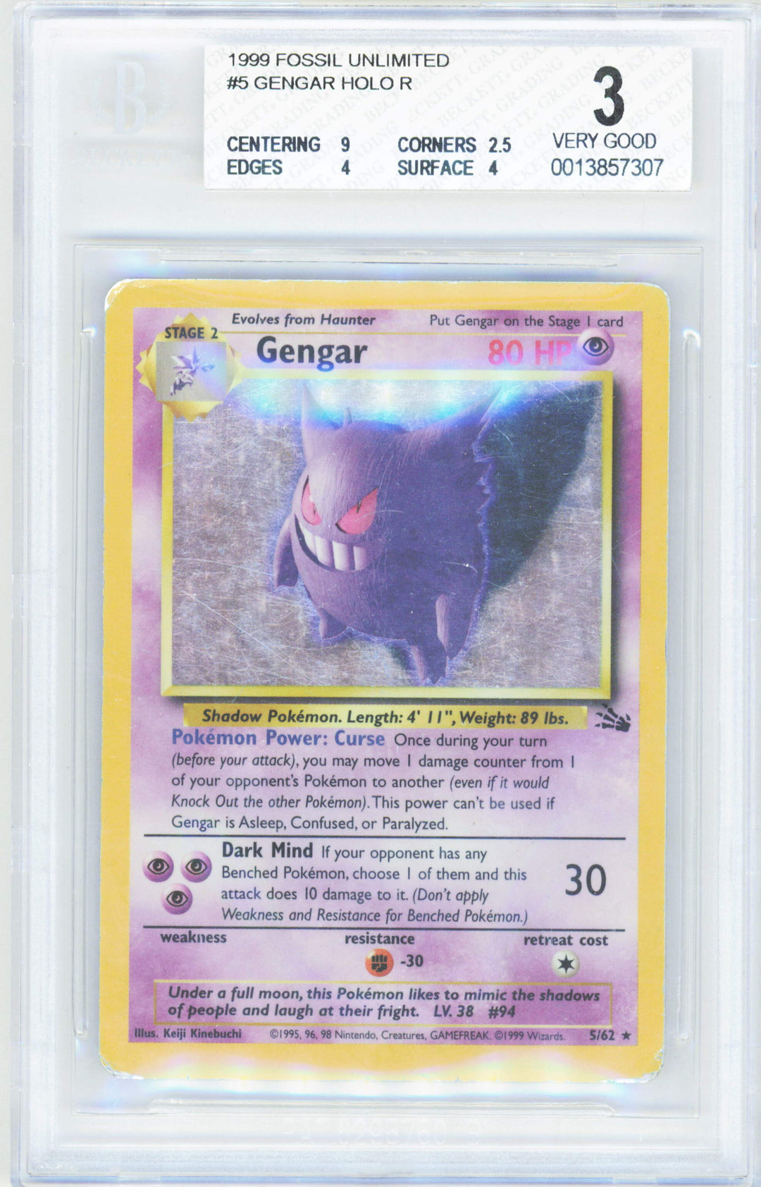 Pokemon Gengar 5/62 Holo Pokemon Fossil Unlimited 1999 Beckett BGS 3