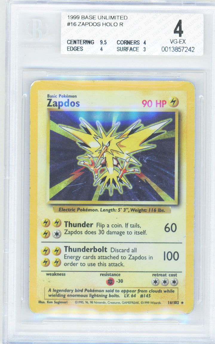 Pokemon Zapdos 16/102 Holo Pokemon Base Unlimited 1999 Beckett BGS 4