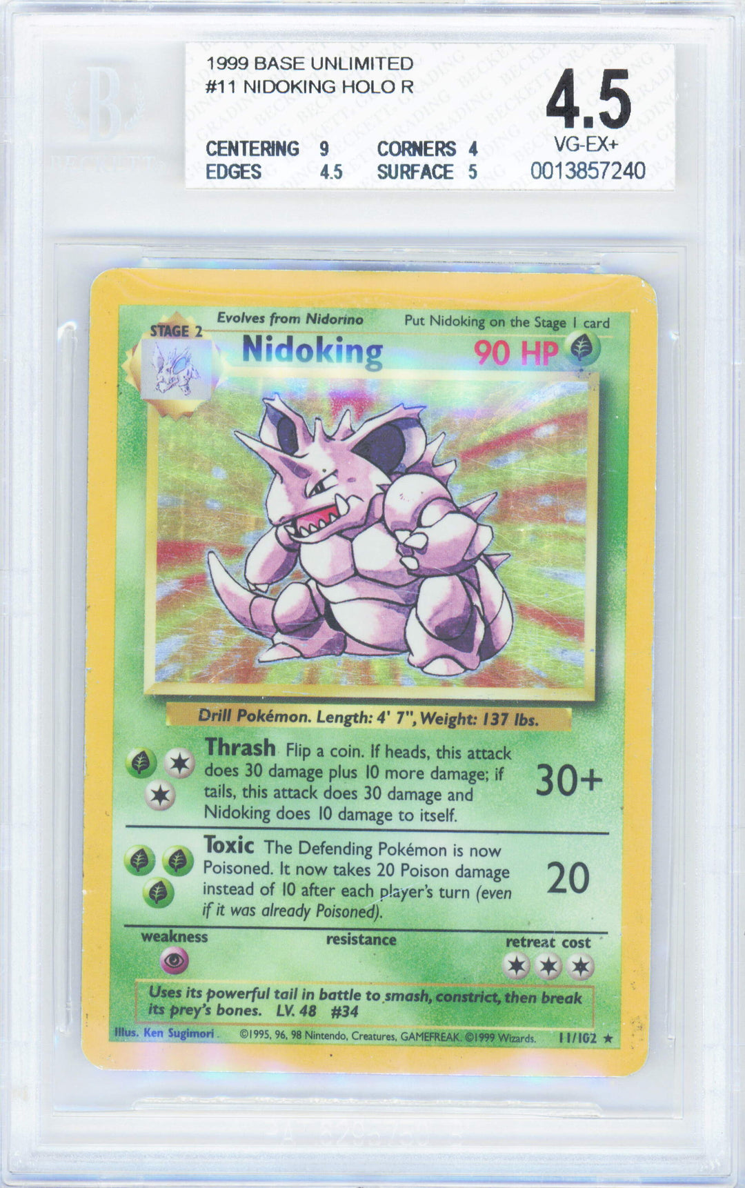 Pokemon Nidoking 11/102 Holo Pokemon Base Unlimited 1999 Beckett BGS 4.5
