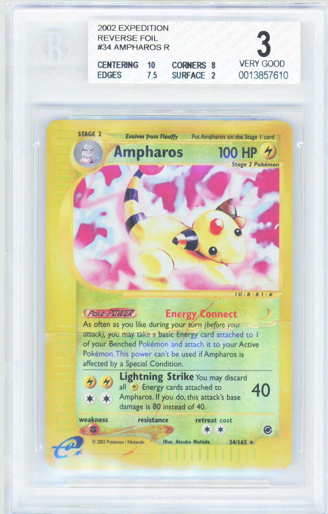 Pokemon Ampharos 34/165 Reverse Foil Pokemon Expedition 2002 Beckett BGS 3