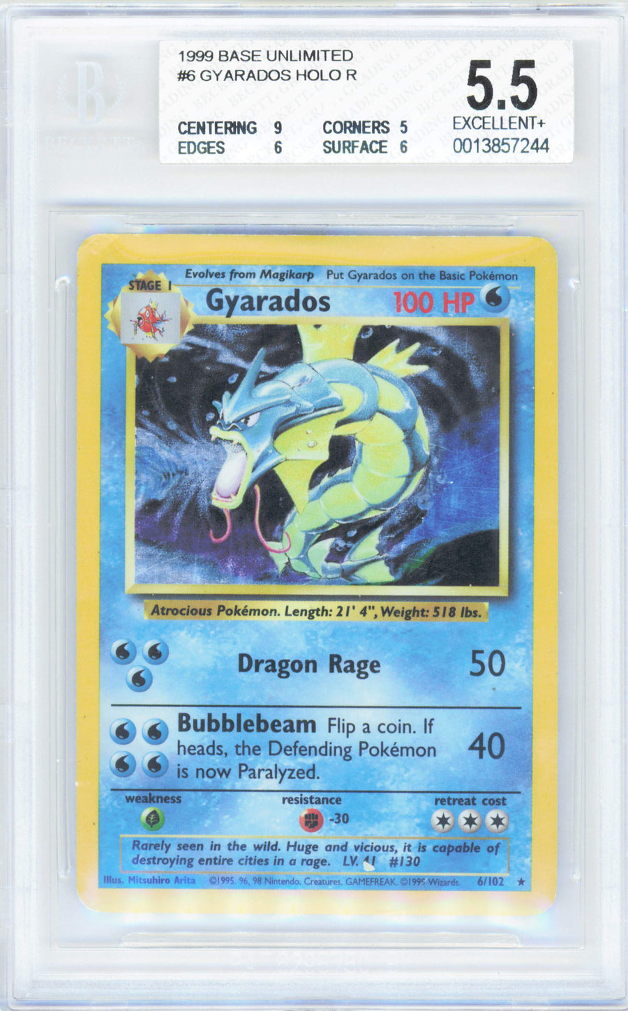 Pokemon Gyarados 6/102 Holo Pokemon Base Unlimited 1999 Beckett BGS 5.5