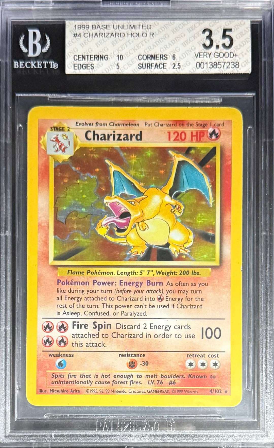 Pokemon Charizard 4/102 Holo Pokemon Base Unlimited 1999 Beckett BGS 3.5
