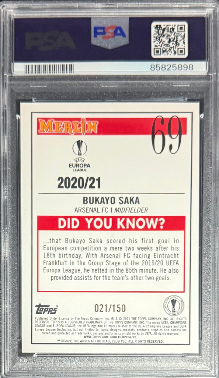 Topps Bukayo Saka Speckle Refractor /150 Merlin Chrome UEFA Club Competition 2020 #69 PSA8