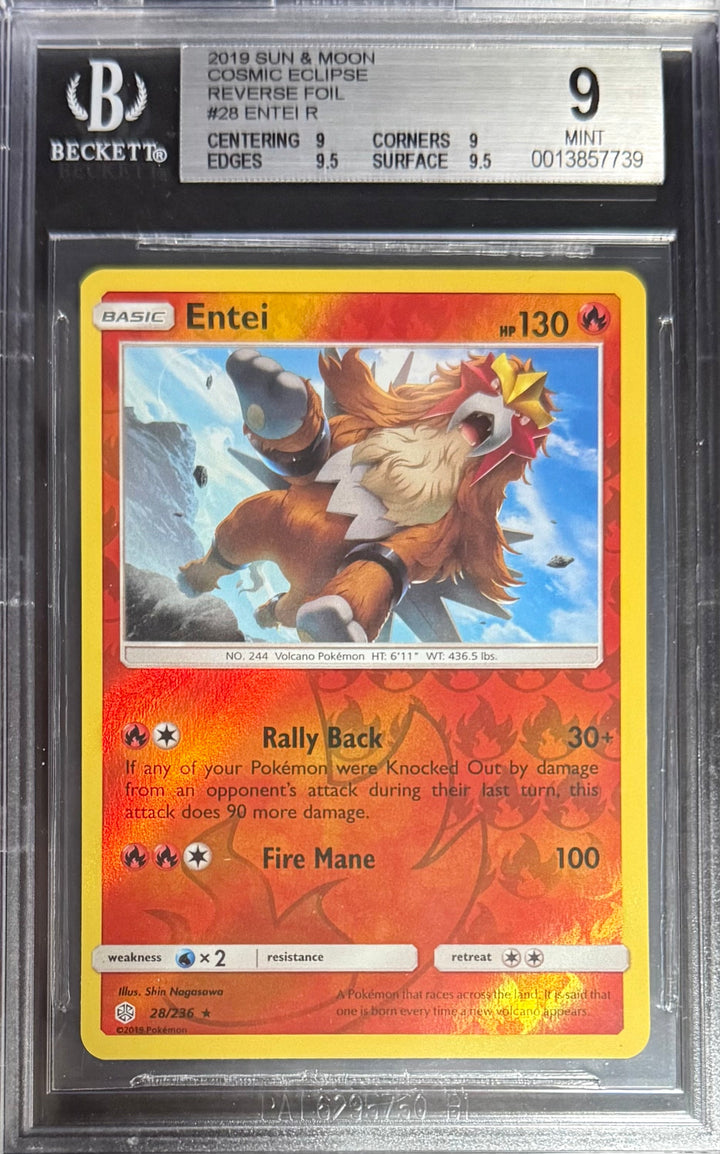 Pokemon Entei 28/236 Reverse Foil Pokemon Sun & Moon Cosmic Eclipse 2019 Beckett BGS 9