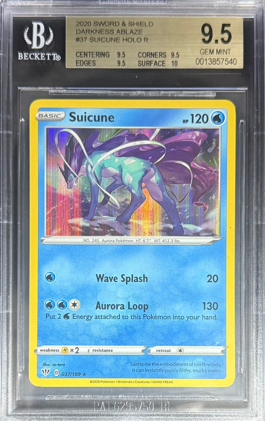Pokemon Suicune 37/189 Pokemon Sword & Shield Darkness Ablaze 2020 Beckett BGS 9.5