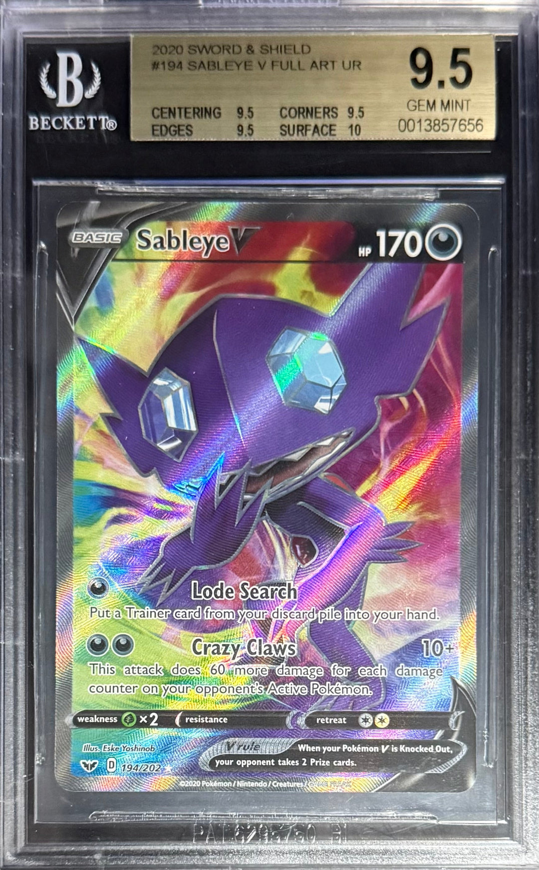 Pokemon Sableye V 194/202 Full Art Pokemon Sword & Shield 2020 Beckett BGS 9.5