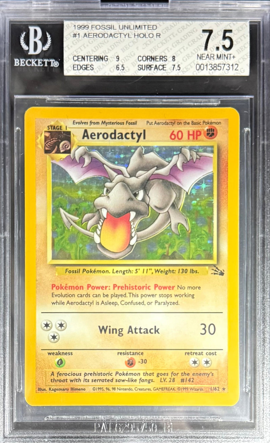 Pokemon Aerodactyl 1/62 Holo Pokemon Fossil Unlimited 1999 Beckett BGS 7.5