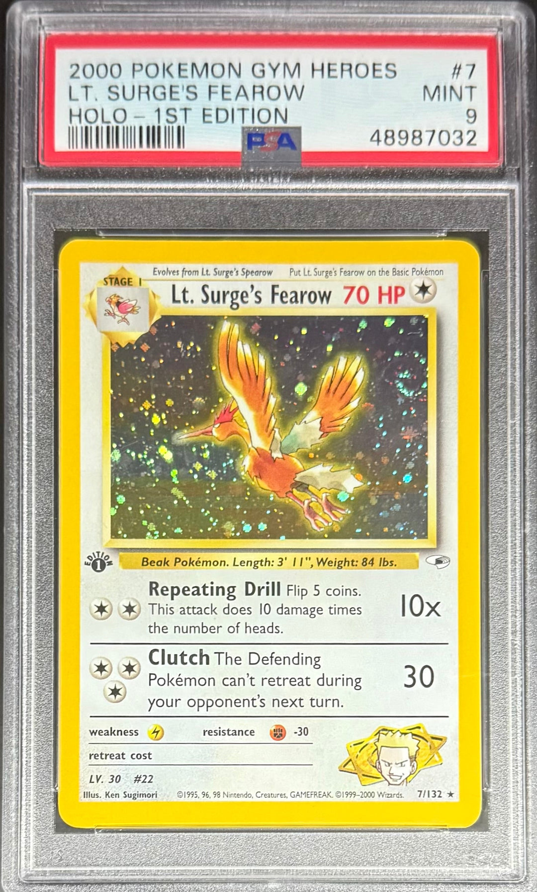 Pokemon LT Surge's Fearow 7/132 Holo Pokemon Gym Heros 1ST Edition 2000 PSA9