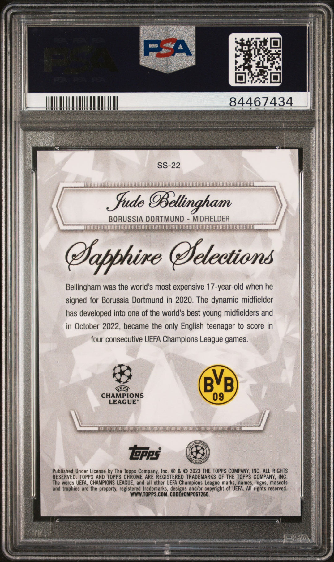 Topps Jude Bellingham Gold Sapphire Selections Card /50 Sapphire UCC 2022-23 PSA10