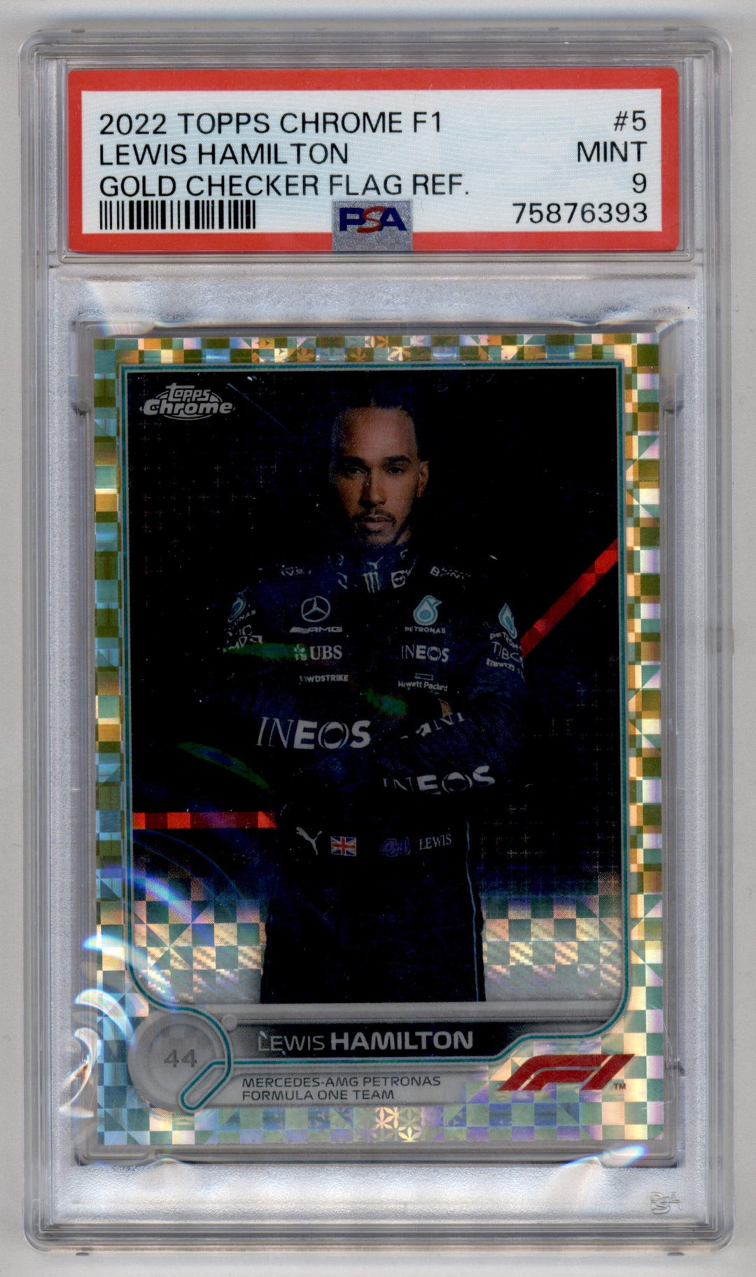 Topps Lewis Hamilton Gold Checker Flag Refractor /50 Chrome F1 2022 #5 PSA9