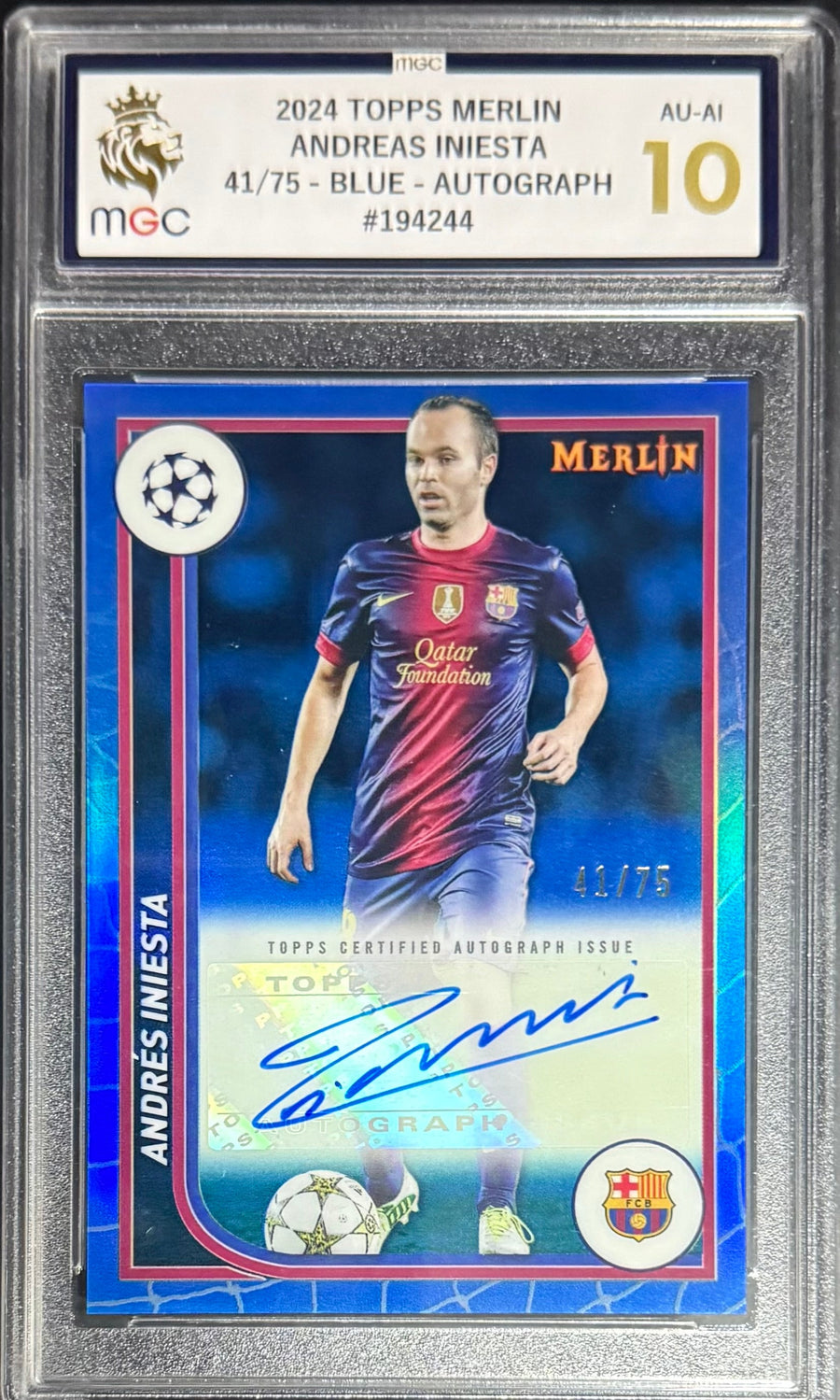 Topps Andreas Iniesta Blue Autograph Card /75 Merlin UEFA Club Competition 2024 MGC10