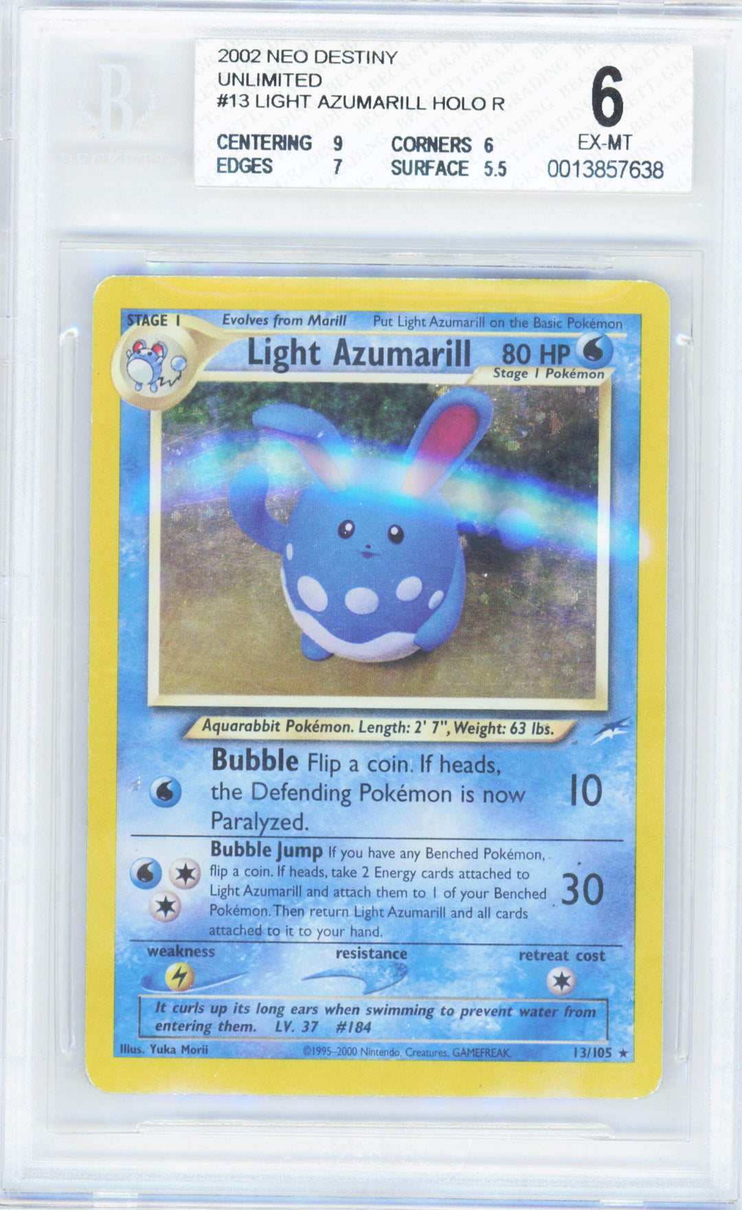 Pokemon Light Azumarill 13/105 Holo Pokemon Neo Destiny Unlimited 2002 Beckett BGS 6