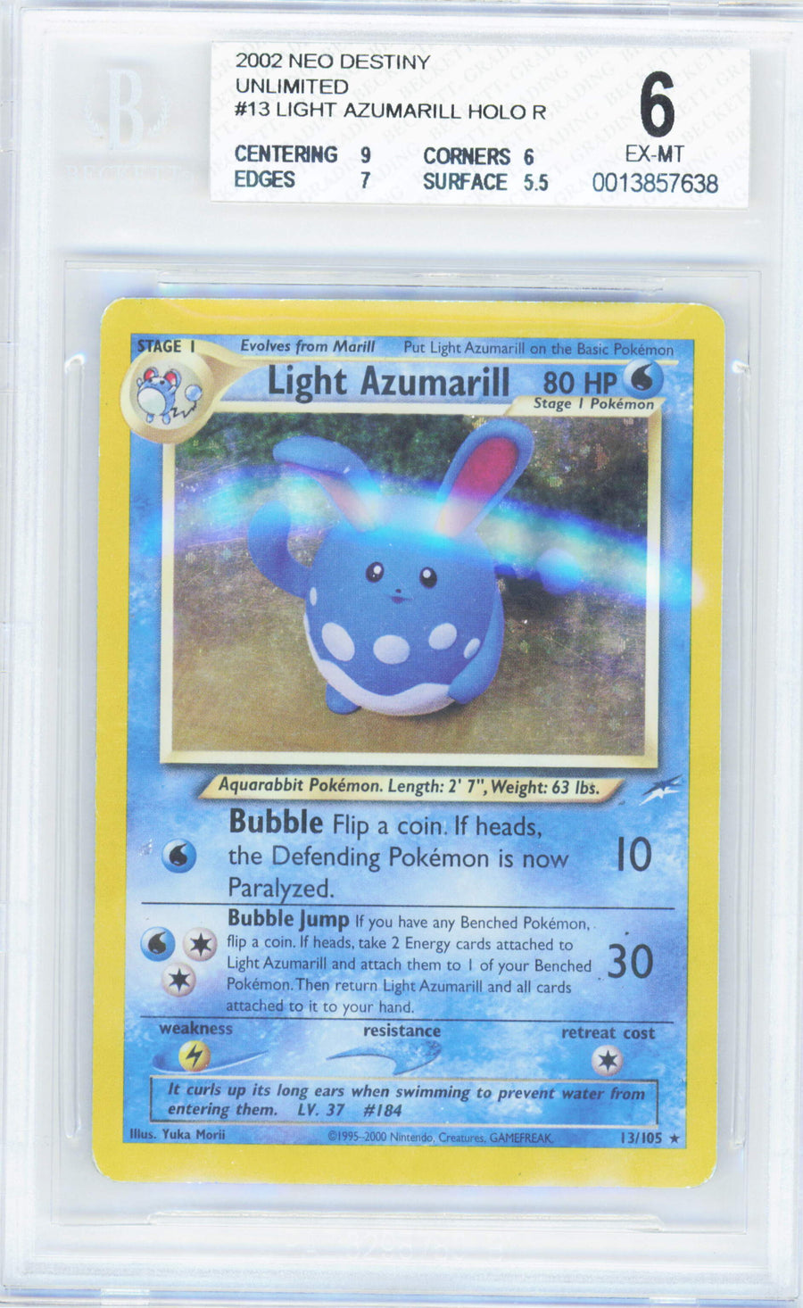 Pokemon Light Azumarill 13/105 Holo Pokemon Neo Destiny Unlimited 2002 Beckett BGS 6