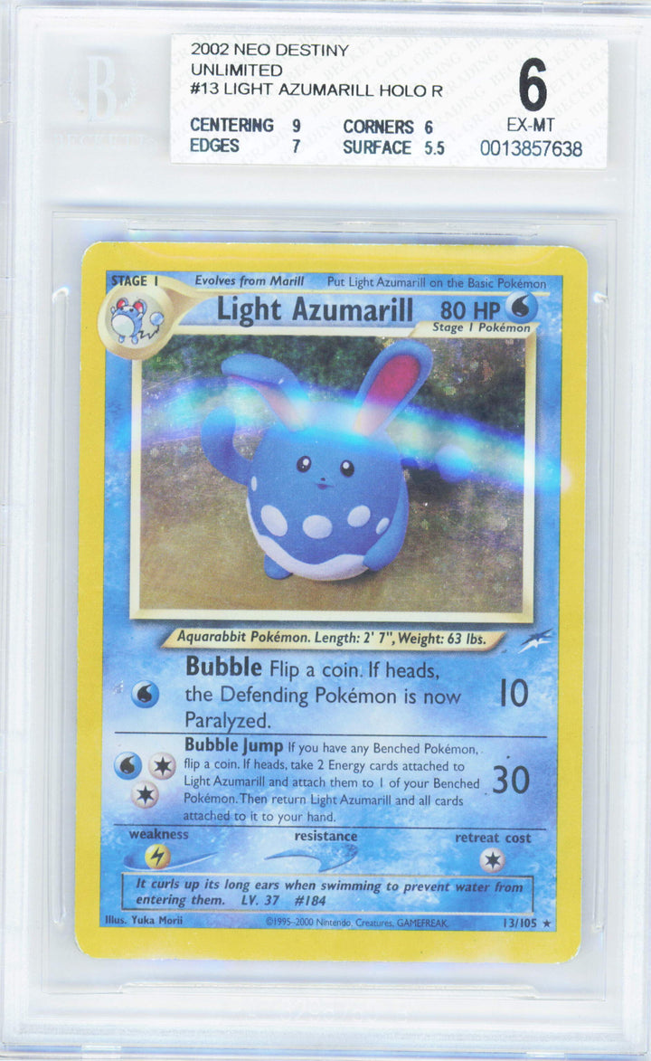 Pokemon Light Azumarill 13/105 Holo Pokemon Neo Destiny Unlimited 2002 Beckett BGS 6