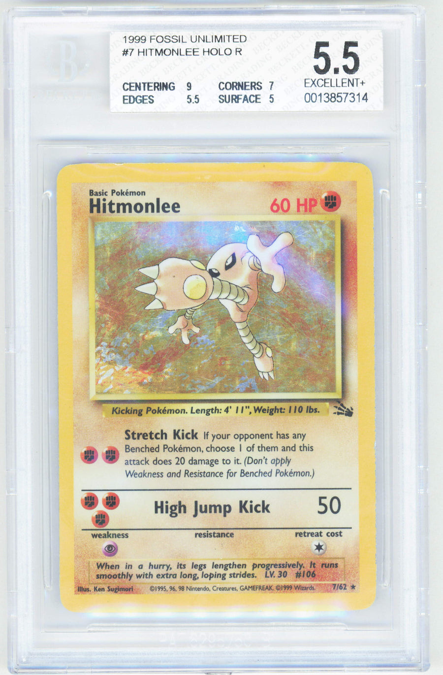 Pokemon Hitmonlee 7/62 Holo Pokemon Fossil Unlimited 1999 Beckett BGS 5.5