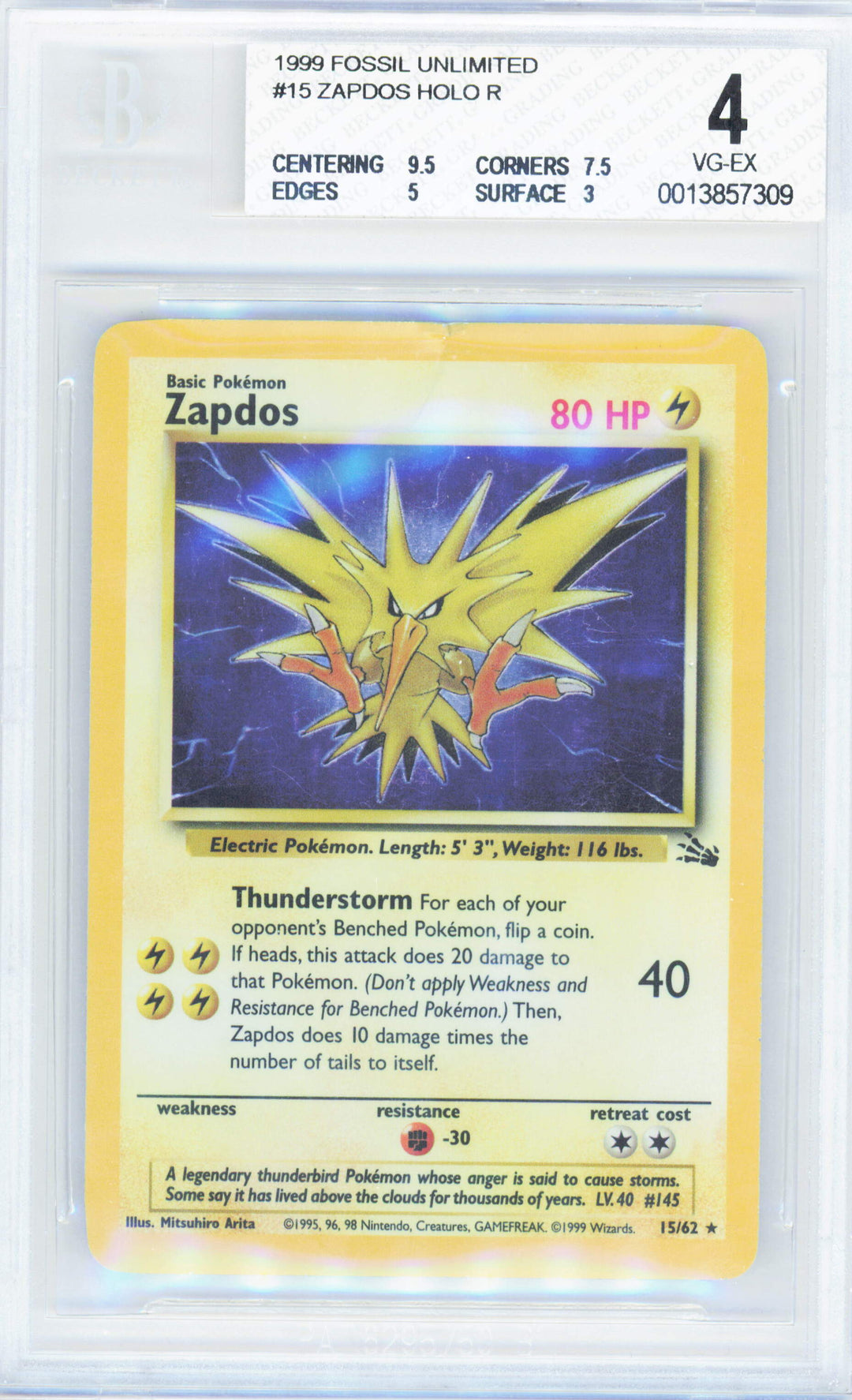 Pokemon Zapdos 15/62 Holo Pokemon Fossil Unlimited 1999 Beckett BGS 4