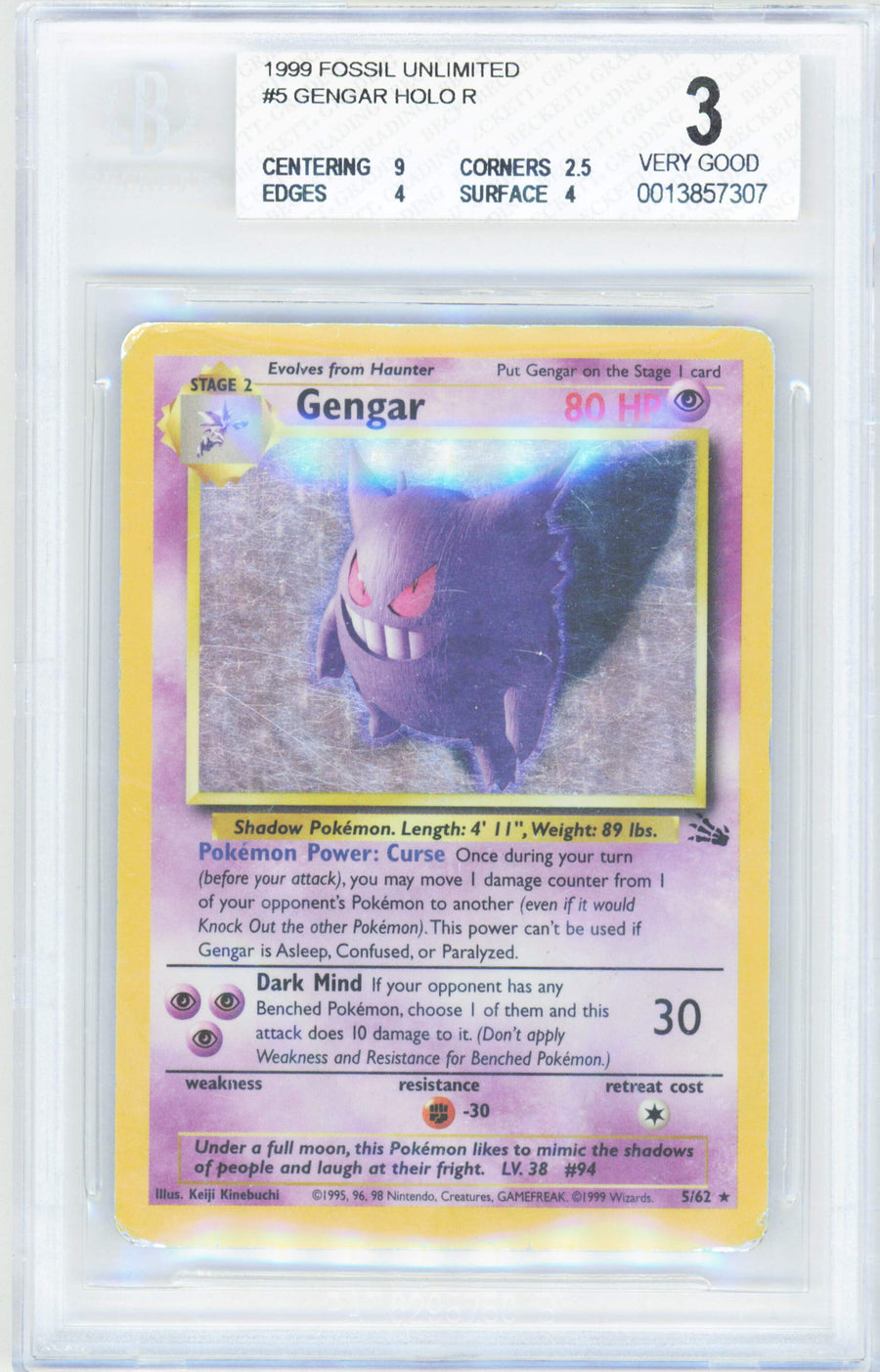 Pokemon Gengar 5/62 Holo Pokemon Fossil Unlimited 1999 Beckett BGS 3