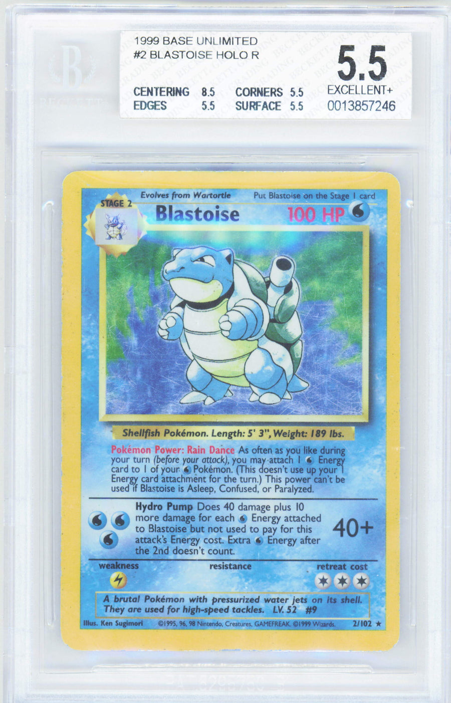 Pokemon Blastoise 2/102 Holo Pokemon Base Unlimited 1999 Beckett BGS 5.5