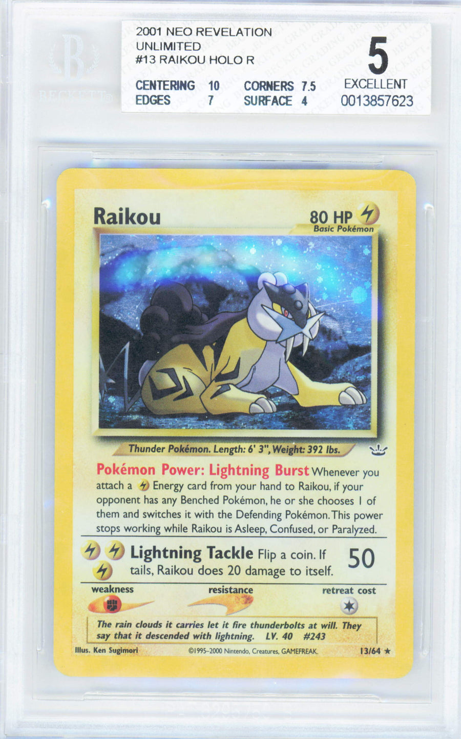 Pokemon Raikou 13/64 Holo Pokemon Neo Revelation 2001 Beckett BGS 5