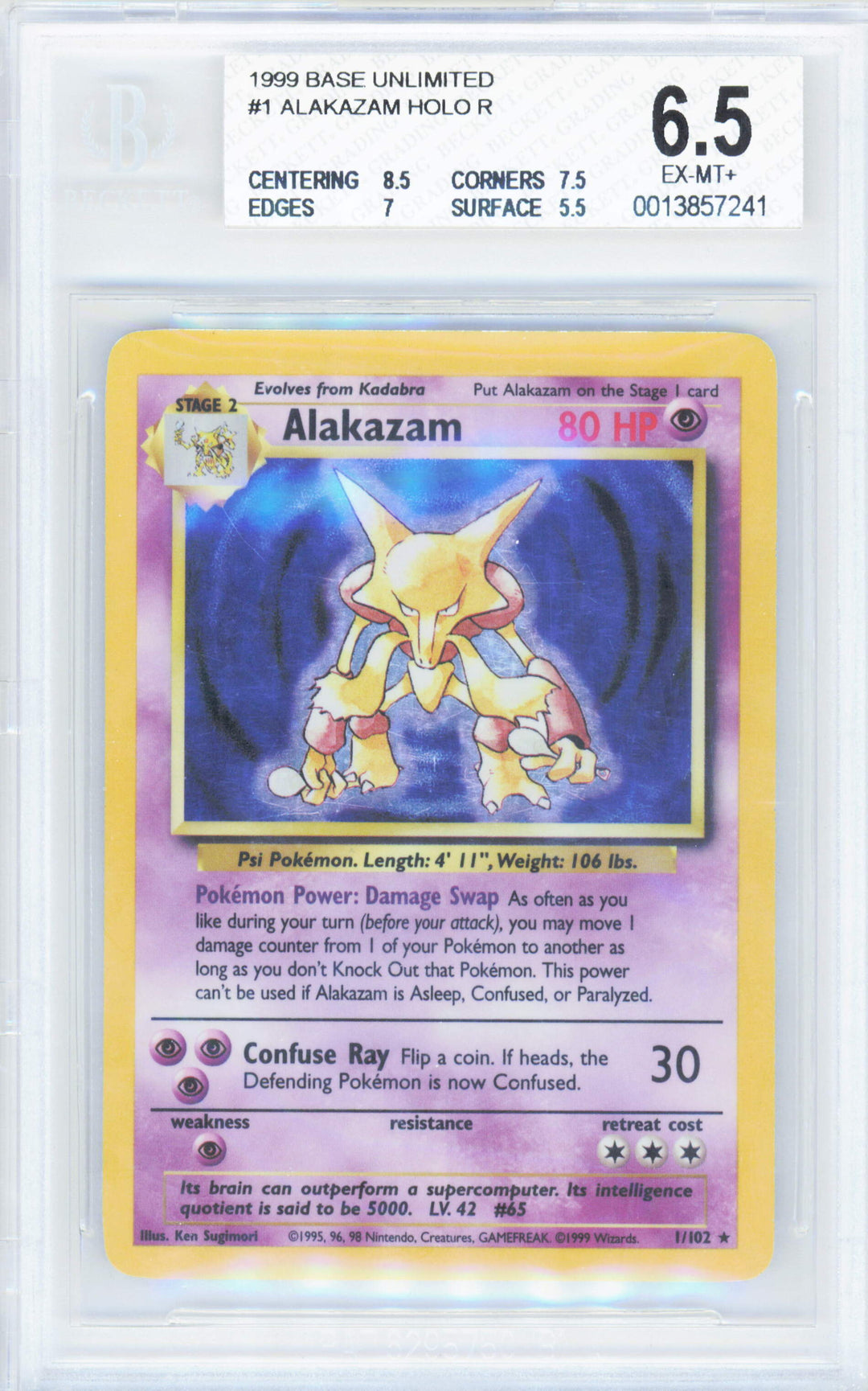 Pokemon Alakazam 1/102 Holo Pokemon Base Unlimited 1999 Beckett BGS 6.5