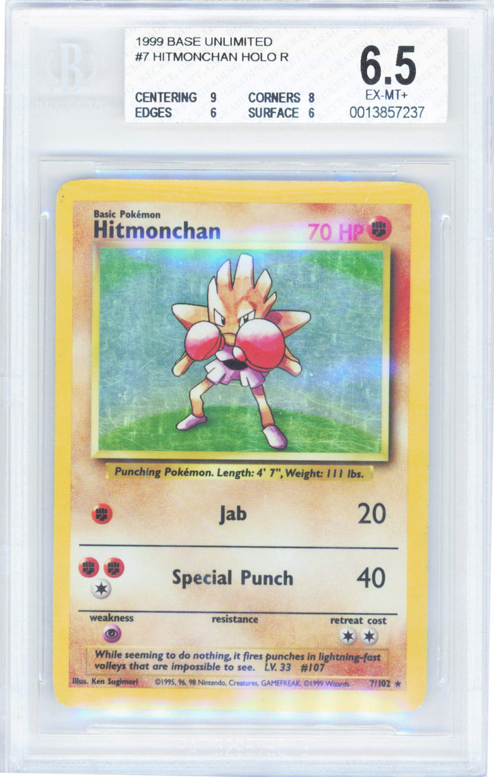 Pokemon Hitmonchan 7/102 Holo Pokemon Base Unlimited 1999 Beckett BGS 6.5