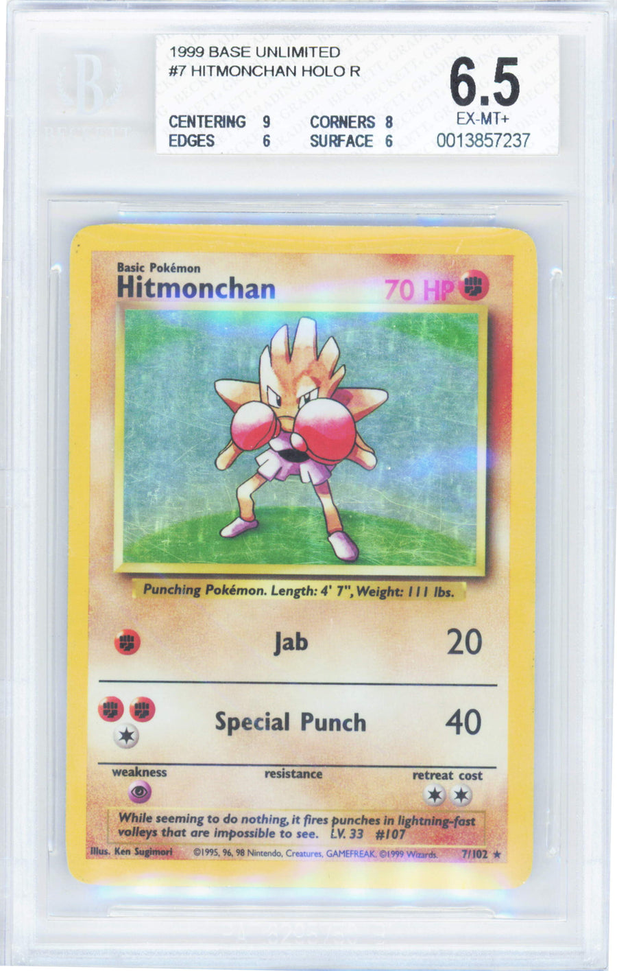 Pokemon Hitmonchan 7/102 Holo Pokemon Base Unlimited 1999 Beckett BGS 6.5