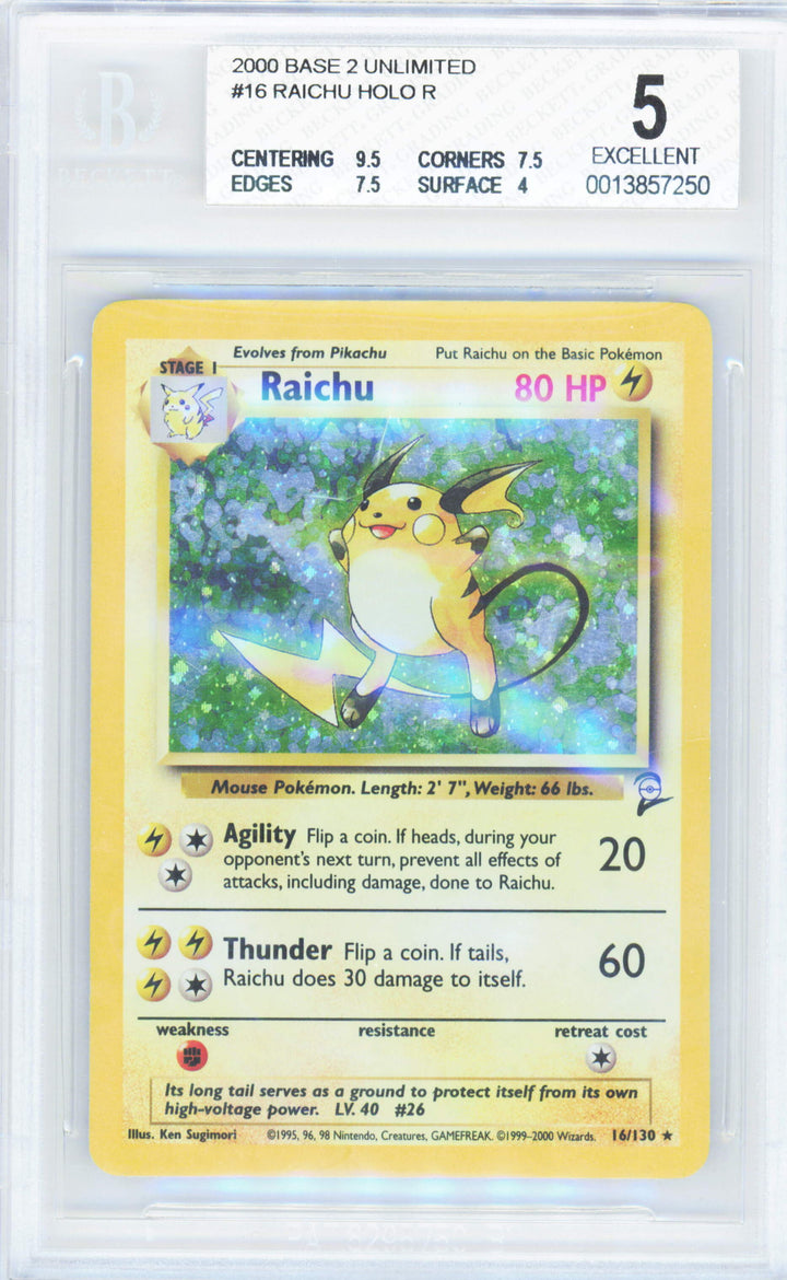 Pokemon Raichu 16/130 Holo Pokemon Base 2 Unlimited 2000 Beckett BGS 5