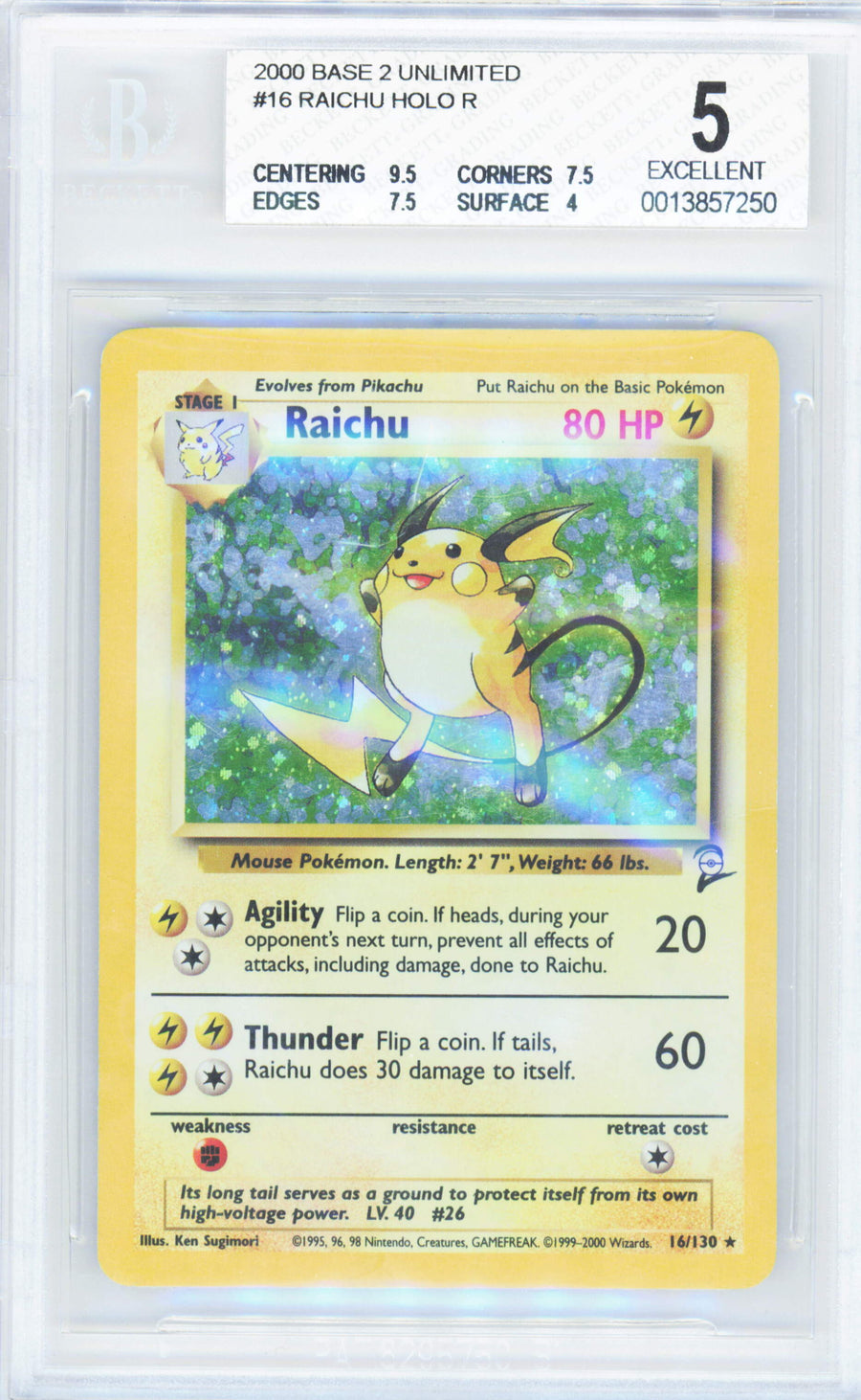 Pokemon Raichu 16/130 Holo Pokemon Base 2 Unlimited 2000 Beckett BGS 5