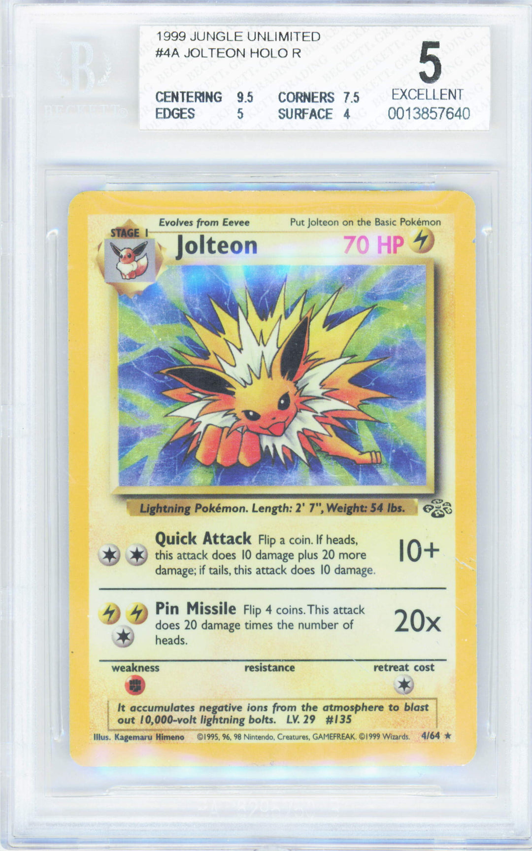 Pokemon Jolteon 6/64 Holo Pokemon Jungle Unlimited 1999 Beckett BGS 5