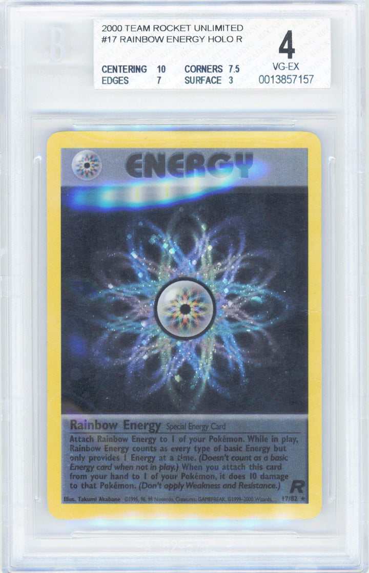 Pokemon Rainbow Energy 17/82 Holo Pokemon Team Rocket Unlimited 2000 Beckett BGS 4