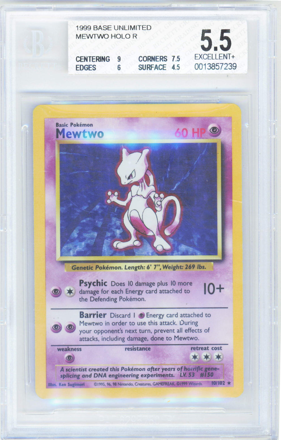 Pokemon Mewtwo 10/102 Holo Pokemon Base Unlimited 1999 Beckett BGS 5.5