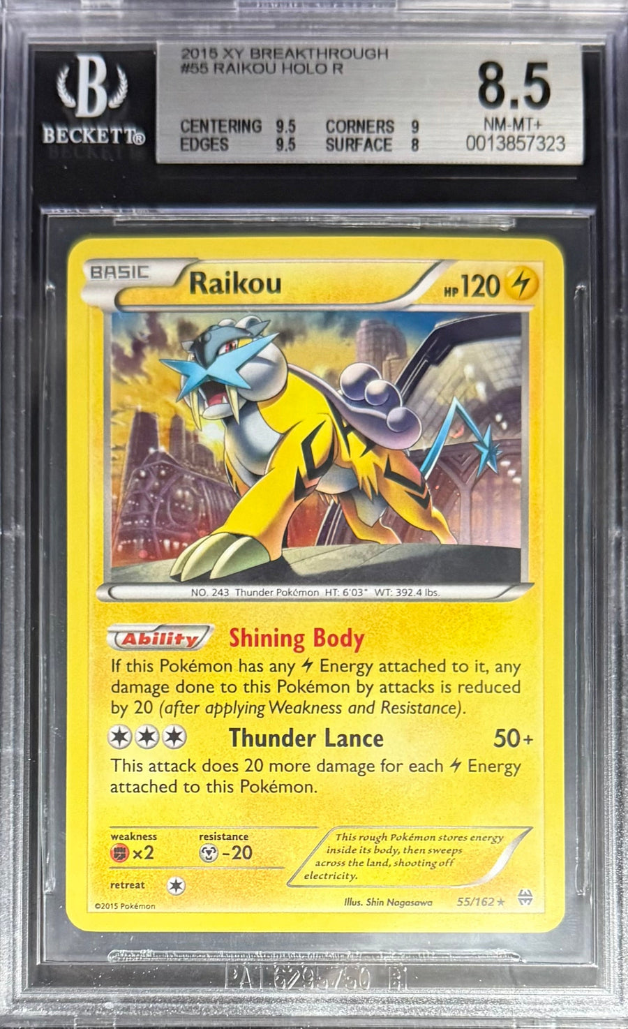 Pokemon Raikou 55/162 Holo Pokemon XY Breakthrough 2015 Beckett BGS 8.5