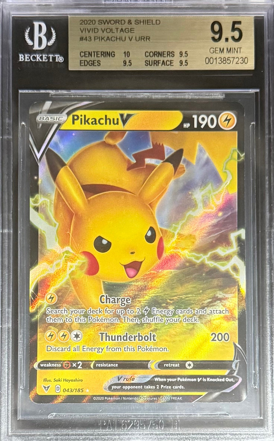 Pokemon Pikachu V URR 43/185 Pokemon Sword & Shield Vivid Voltage 2020 Beckett BGS 9.5