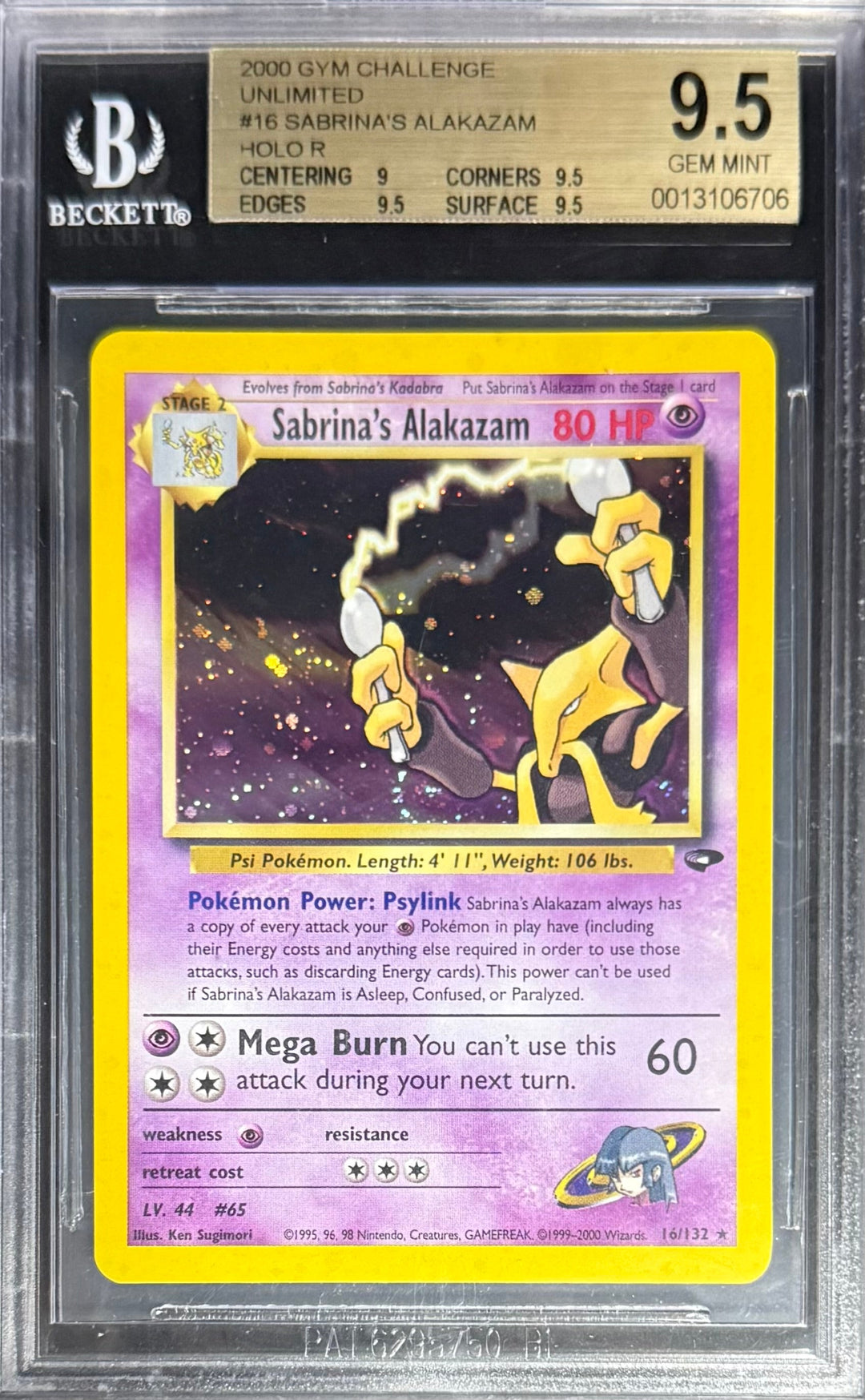 Pokemon Sabrina's Alakazam 16/132 Holo Pokemon Gym Challenge Unlimited 2000 Beckett BGS 9.5
