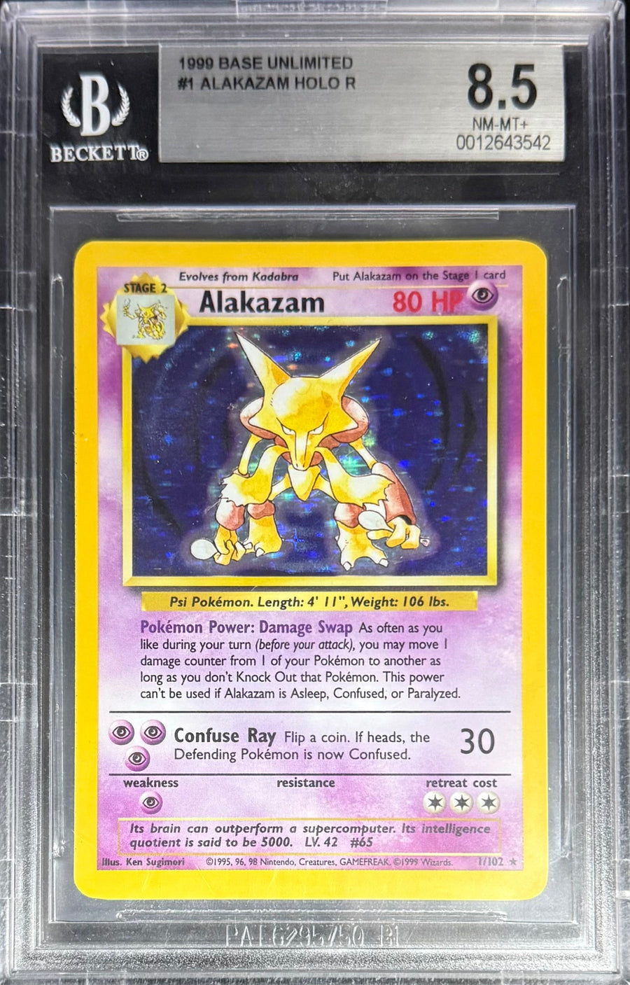 Pokemon Alakazam 1/102 Holo Pokemon Base Unlimited 1999 Beckett BGS 8.5
