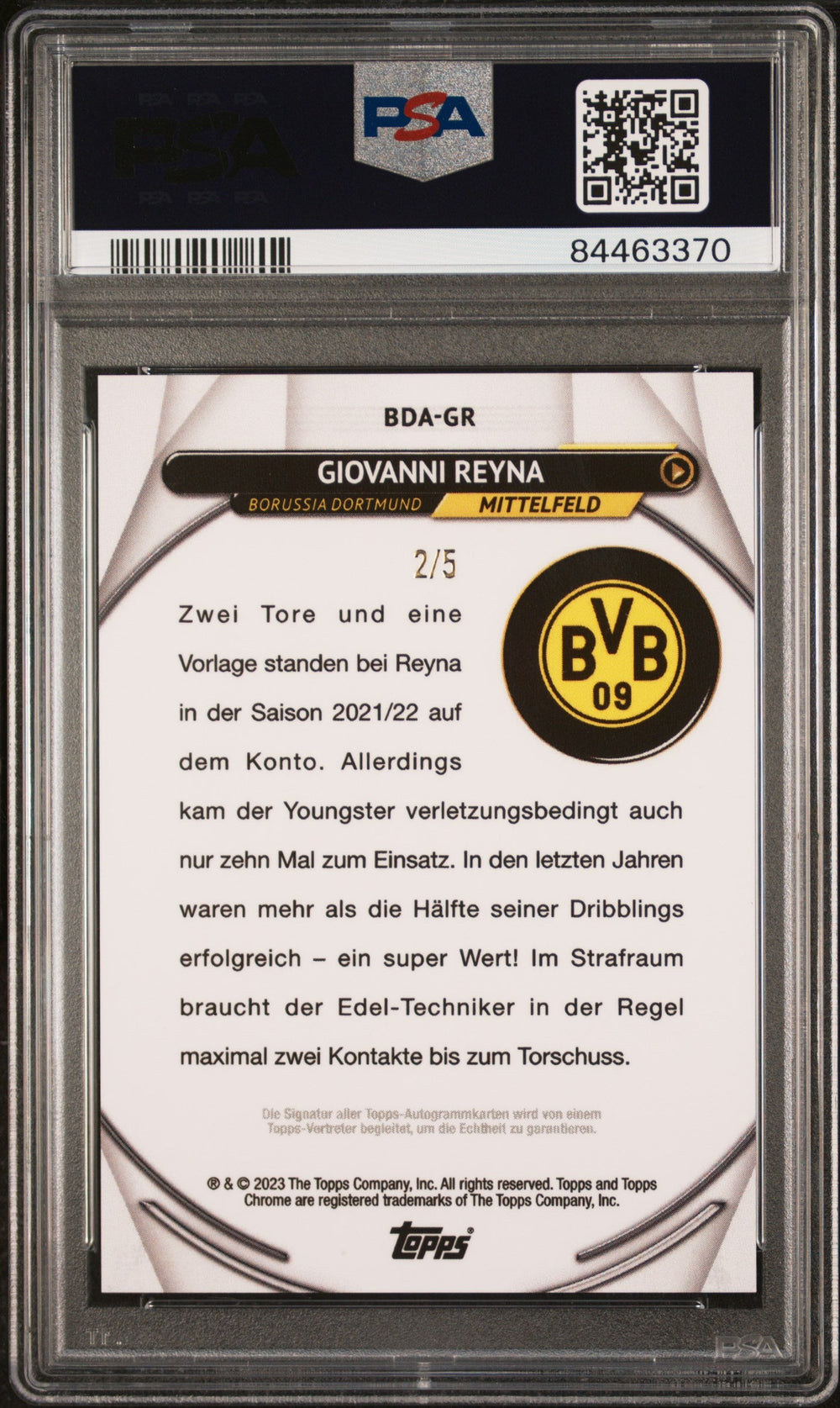 Topps Giovanni Reyna Red On Card Autograph /5 Chrome BVB 2022-23 PSA10