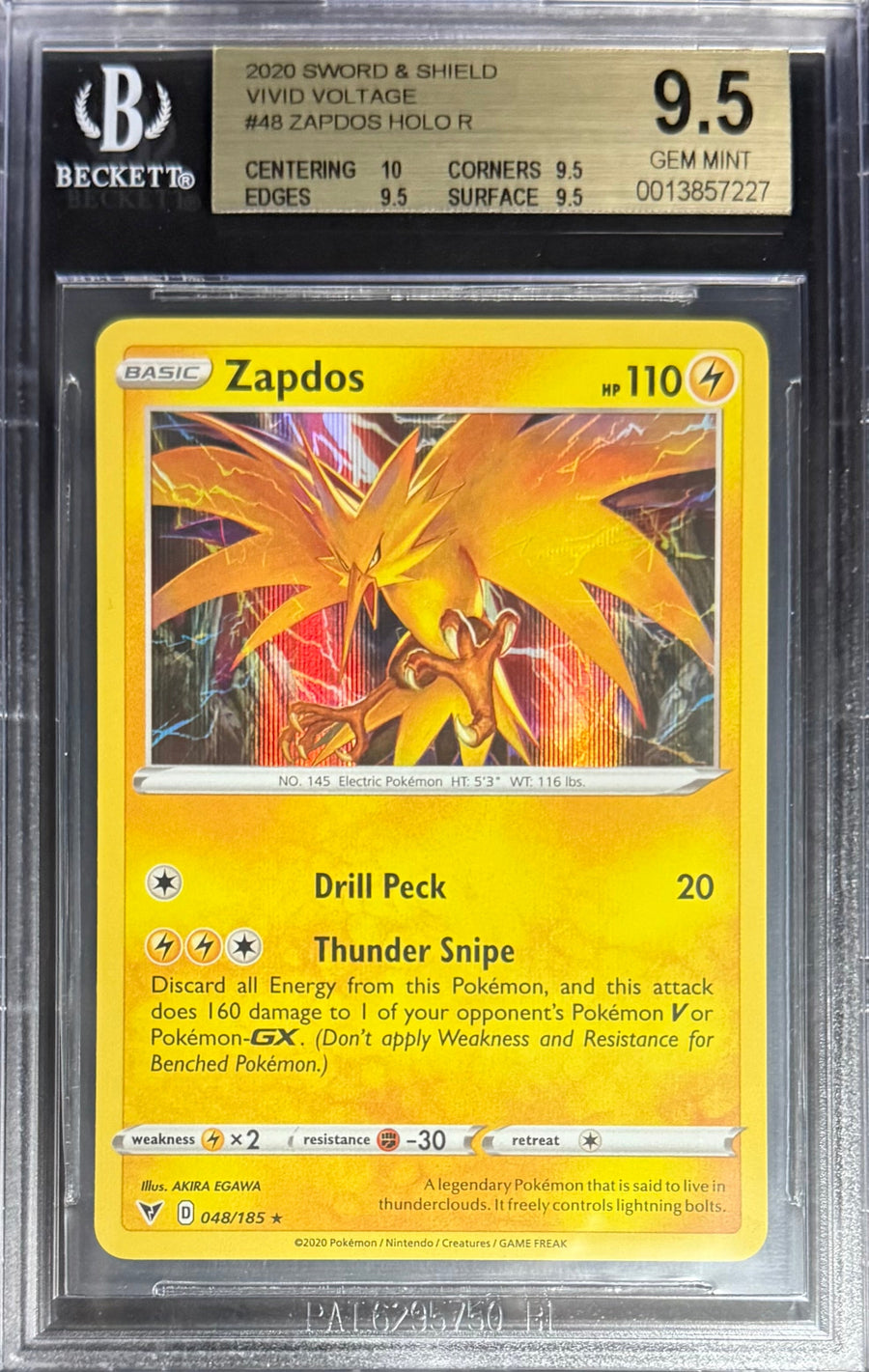Pokemon Zapdos 48/185 Holo Pokemon Sword & Shield Vivid Voltage 2020 Beckett BGS 9.5