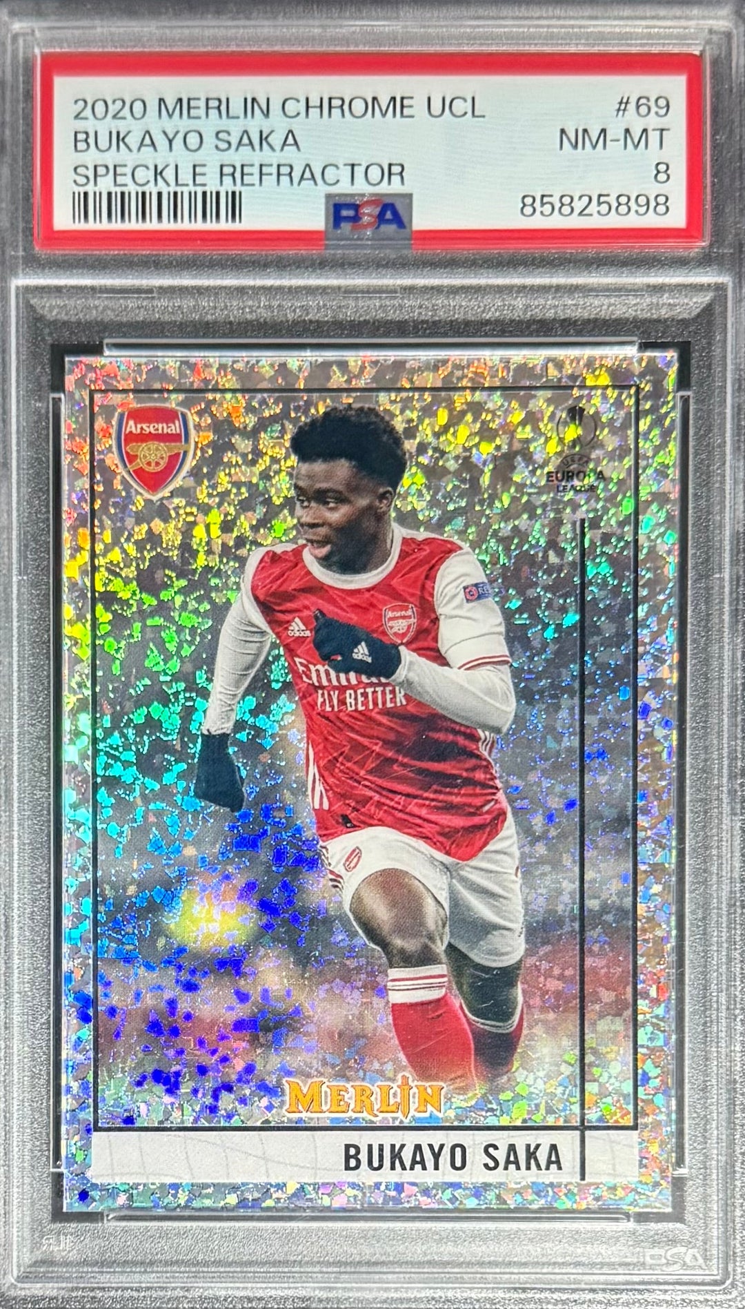 Topps Bukayo Saka Speckle Refractor /150 Merlin Chrome UEFA Club Competition 2020 #69 PSA8