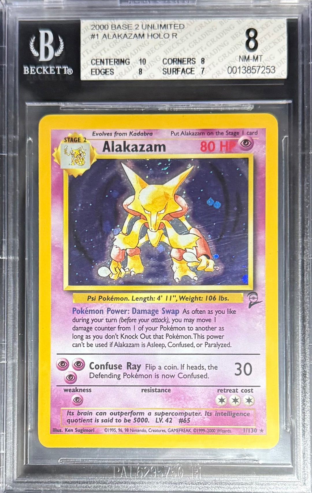 Pokemon Alakazam 1/130 Holo Pokemon Base 2 Unlimited 2000 Beckett BGS 8