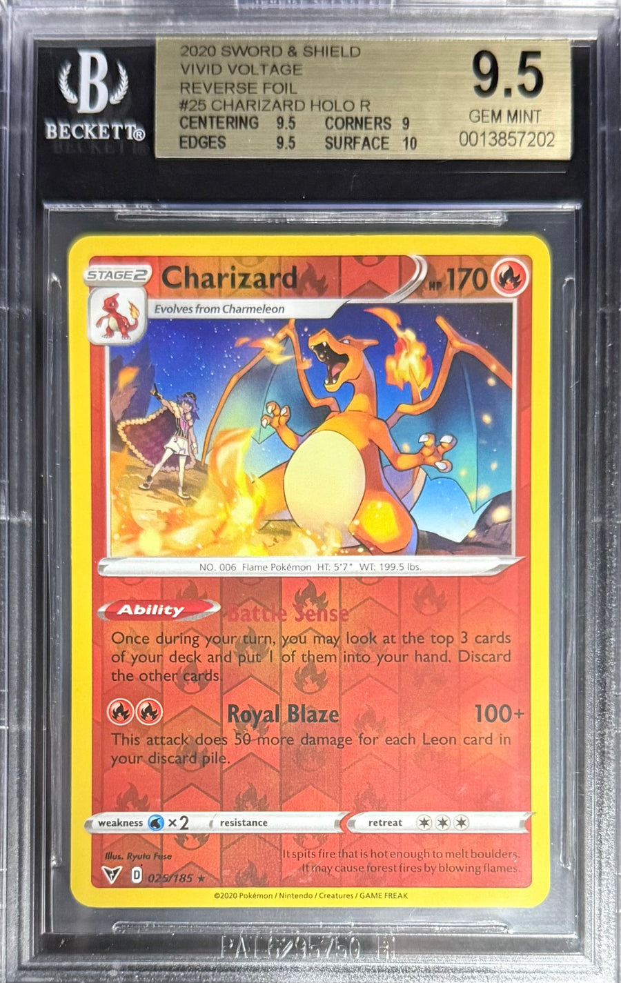 Pokemon Charizard 25/185 Holo Reverse Foil Pokemon Sword & Shield Vivid Voltage 2020 Beckett BGS 9.5