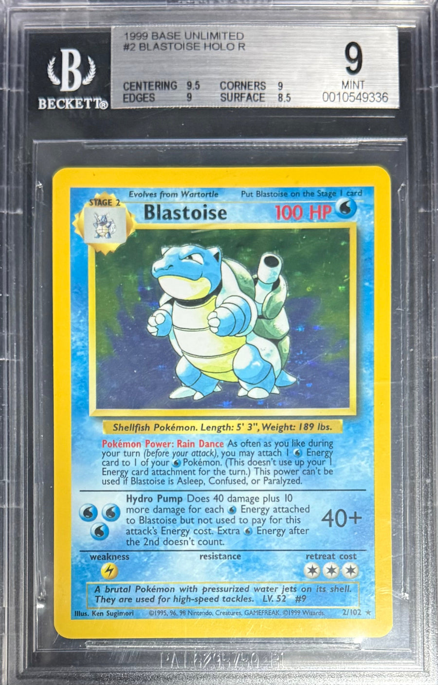 Pokemon Blastoise 2/102 Holo Pokemon Base Unlimited 1999 Beckett BGS 9