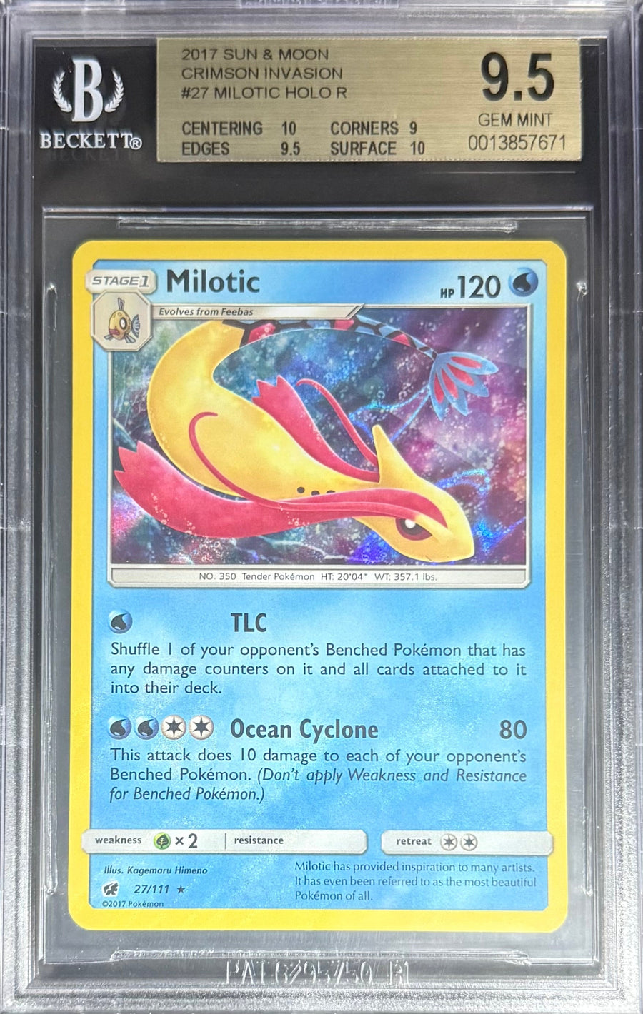Pokemon Milotic 27/111 Holo Pokemon Sun & Moon Crimson Invasion 2017 Beckett BGS 9.5