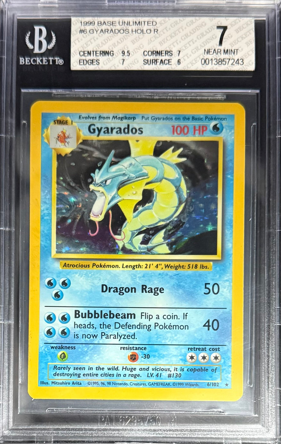 Pokemon Gyarados 6/102 Holo Pokemon Base Unlimited 1999 Beckett BGS 7