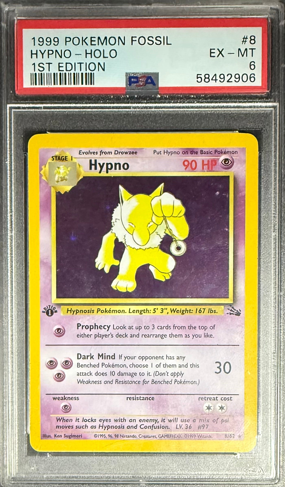 Pokemon Hypno 8/62 Holo Pokemon Fossil 1ST Edition 1999 PSA6