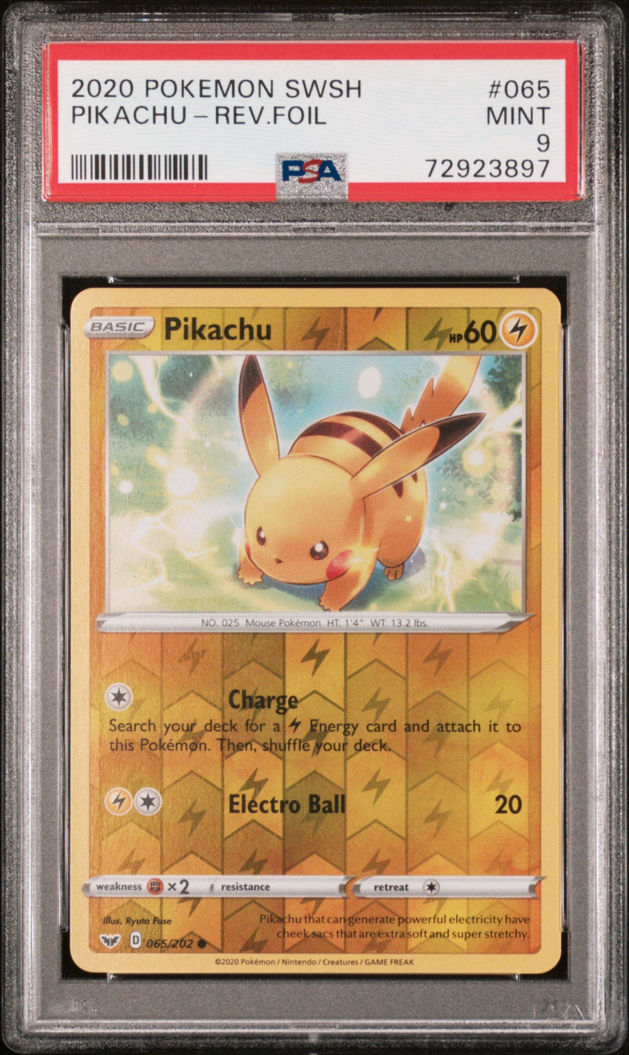 Pokemon Pikachu 065/202 Reverse Holo Pokemon Sword & Shield 2020 PSA9