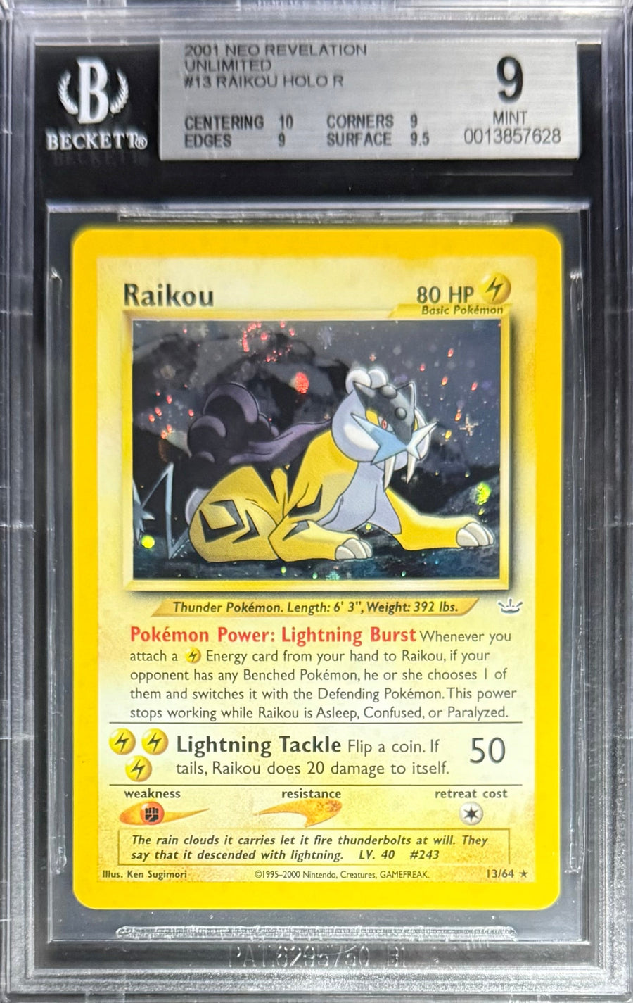 Pokemon Raikou 13/64 Holo Pokemon Neo Revelation Unlimited 2001 Beckett BGS 9