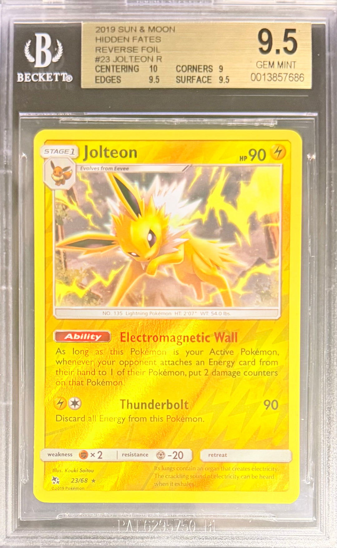 Pokemon Jolteon R 23/68 Reverse Foil Pokemon Sun & Moon Hidden Fates 2019 Beckett BGS 9.5