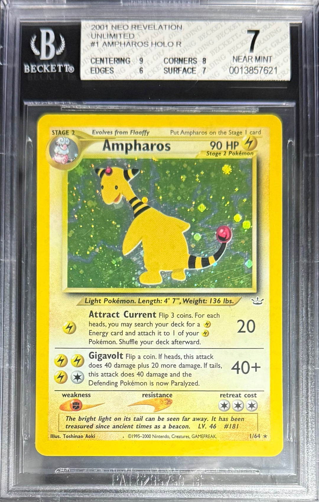 Pokemon Ampharos 1/64 Holo Pokemon Neo Revelation Unlimited 2001 Beckett BGS 7