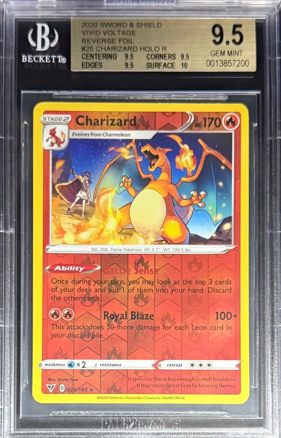 Pokemon Charizard 25/185 Holo Reverse Foil Pokemon Sword & Shield Vivid Voltage 2020 Beckett BGS 9.5
